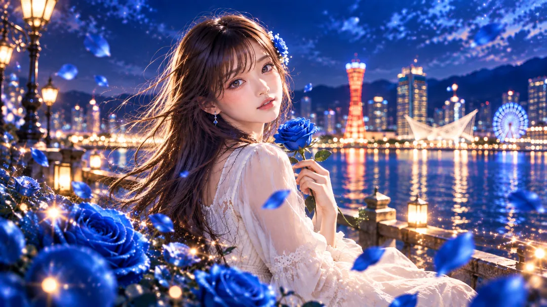 青いバラを持つMIOのポートレート